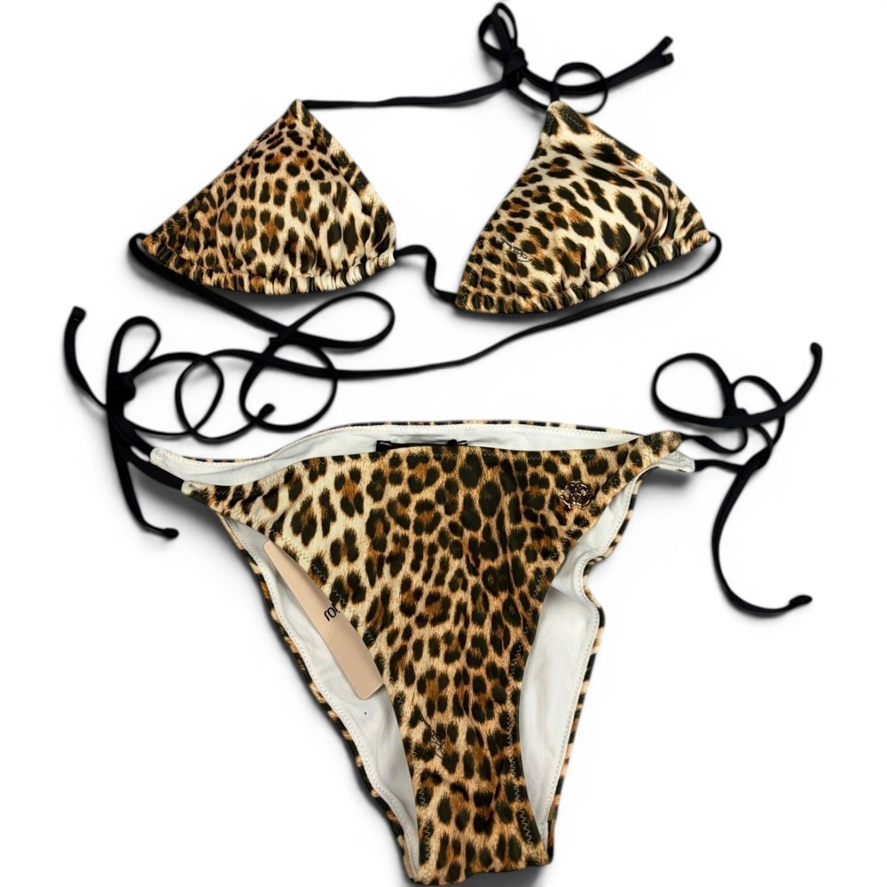 Roberto Cavalli Cheetah Leopard Print Triangle Bikini Set Two Piece Small NWT